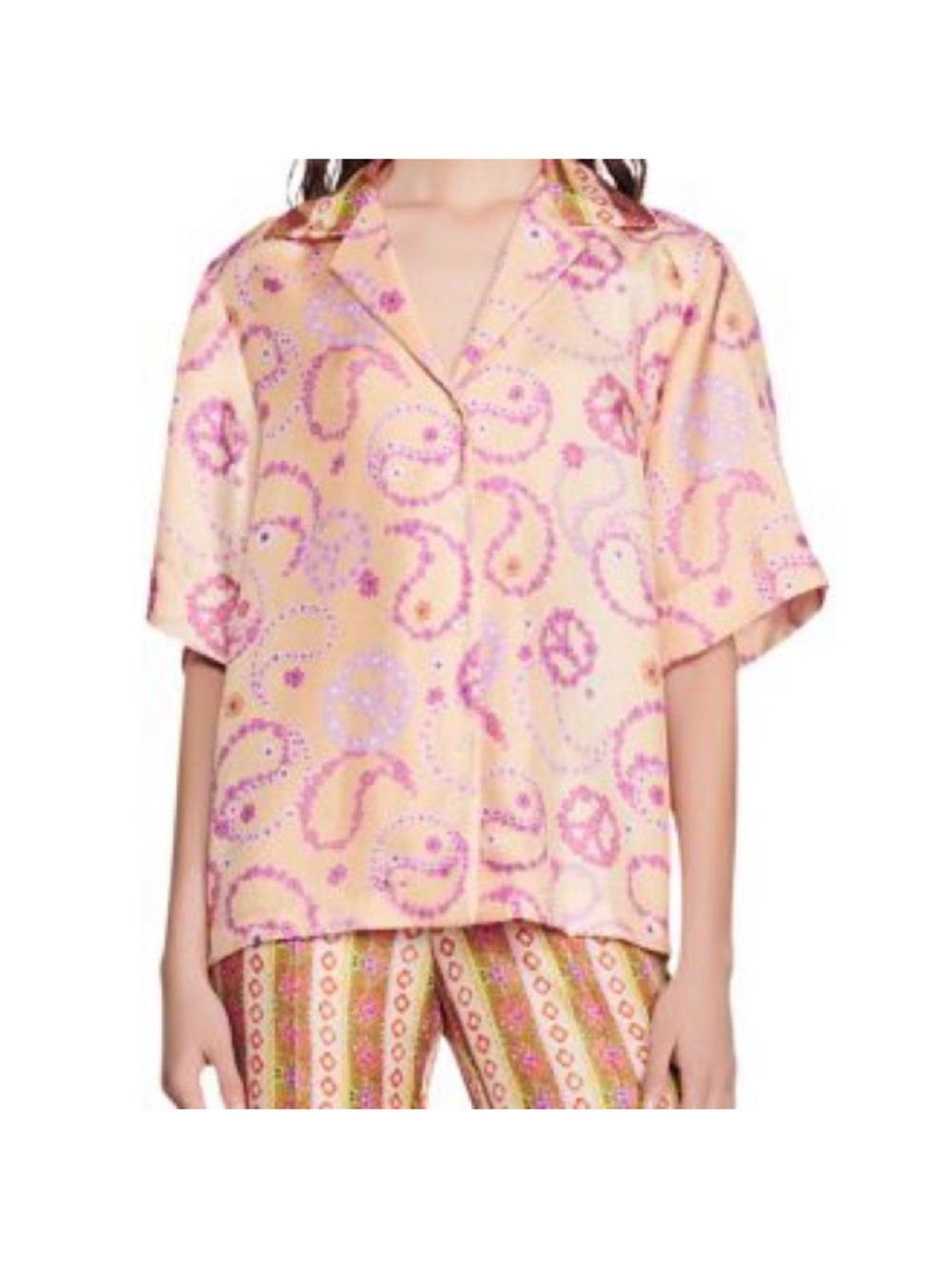 Sandro Peach and Pink Paisley Button-Down Silk Blend Shirt